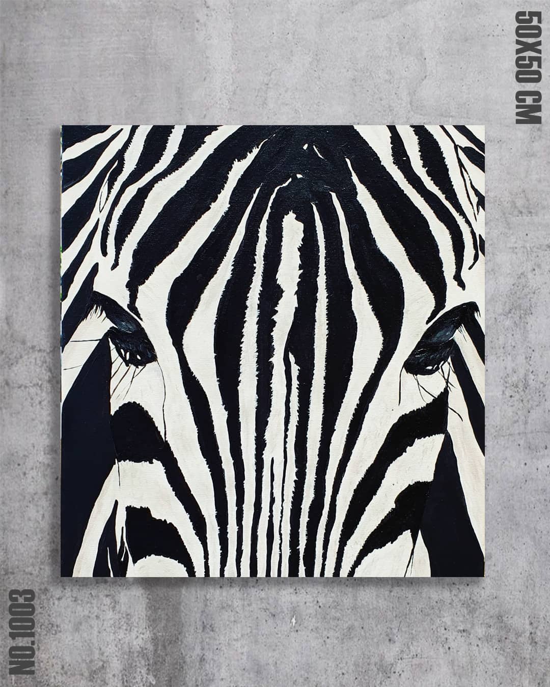 Stripes, original acrylic zebra painting by Diego Palencia reduced to pure black-and-white geometry seen up close.