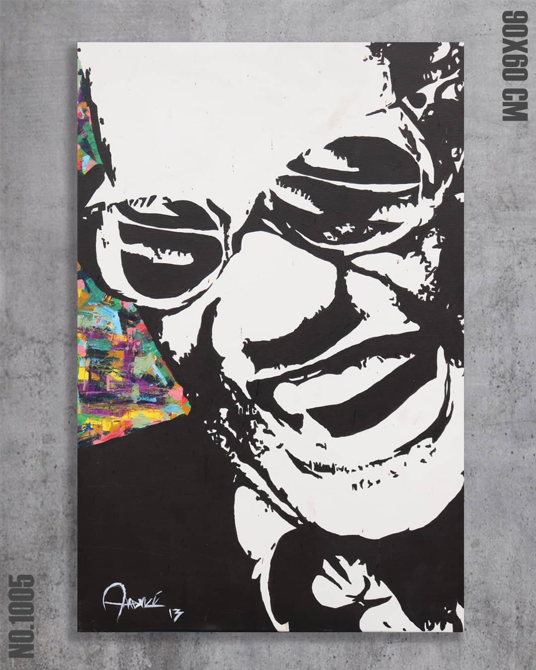 The Legend, original black-and-white acrylic portrait by Diego Palencia interrupted by an explosion of color.