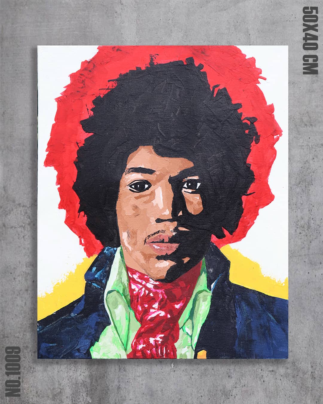 Hendrix, original acrylic portrait of Jimi Hendrix by Diego Palencia, a red halo of hair against flat white and yellow.