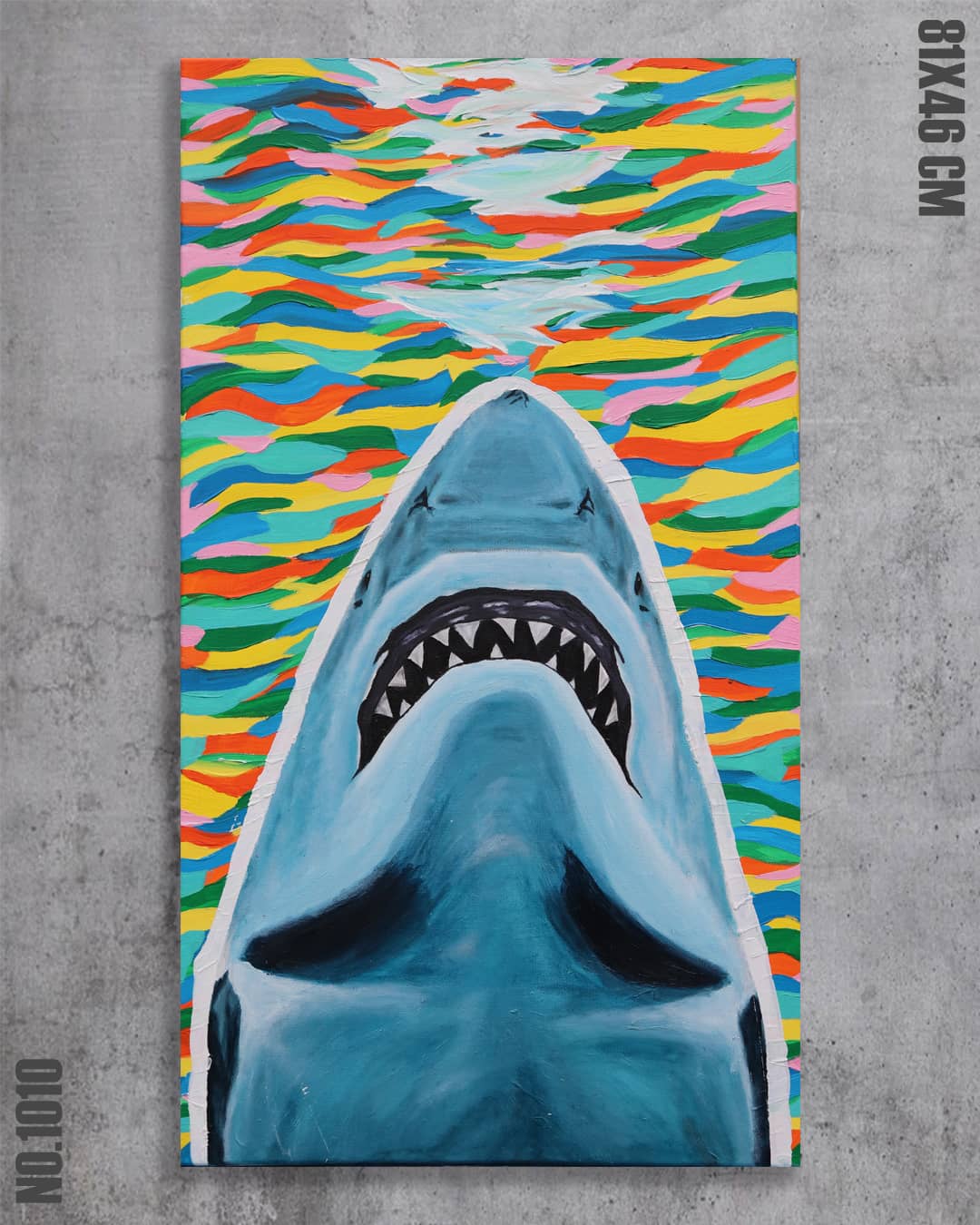 Ocean Predator, original acrylic painting by Diego Palencia of a great white shark rising through rainbow stripes of ocean color.