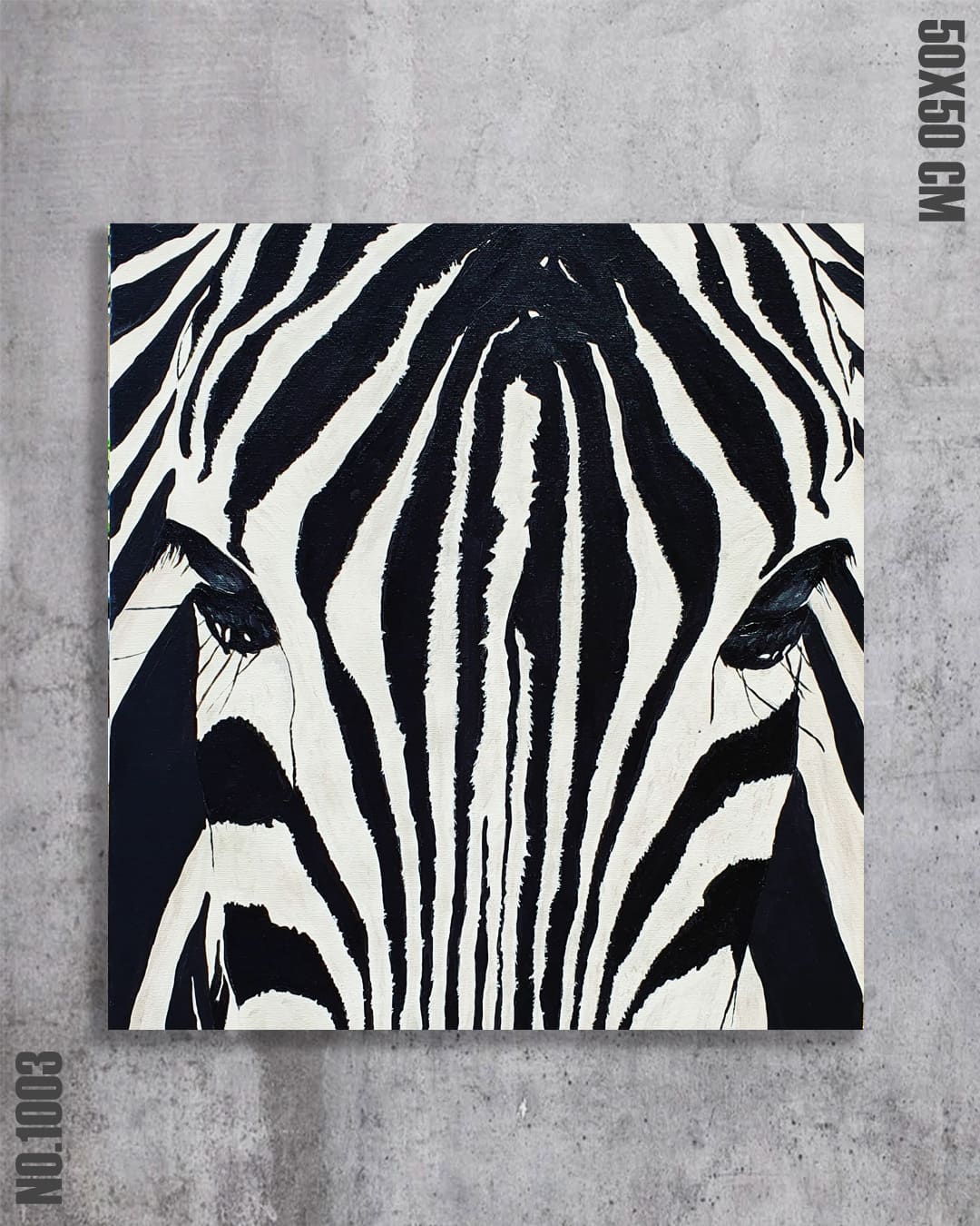 Stripes, original acrylic zebra painting by Diego Palencia reduced to pure black-and-white geometry seen up close.