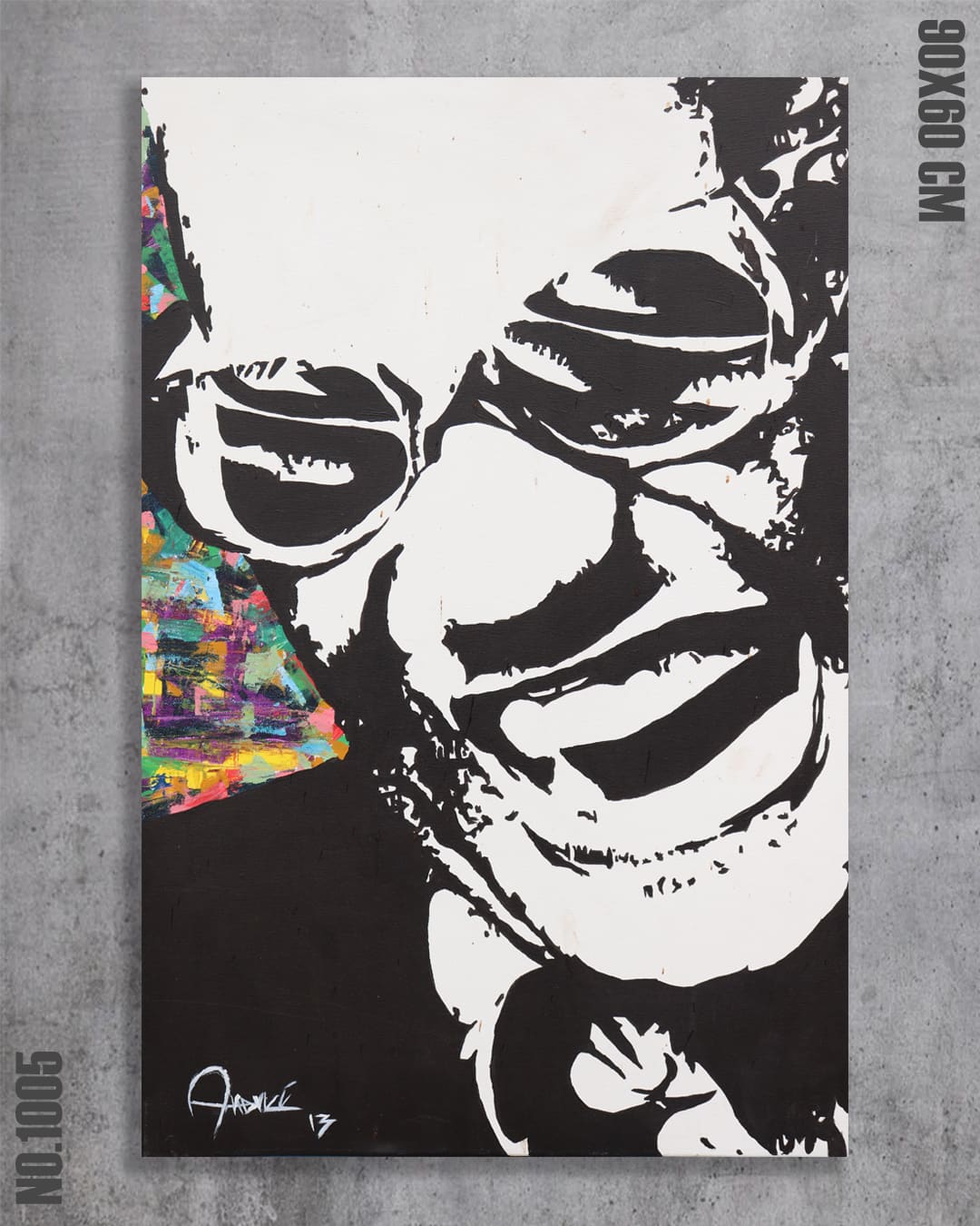 The Legend, original black-and-white acrylic portrait by Diego Palencia interrupted by an explosion of color.