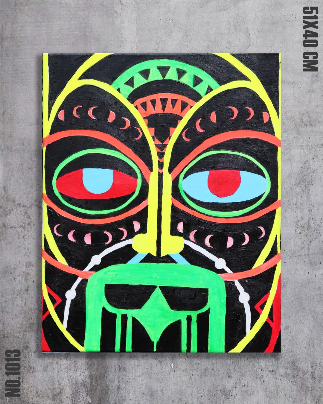 Totem, original acrylic painting by Diego Palencia of a tribal mask in neon yellow, red, green and blue on inky black.