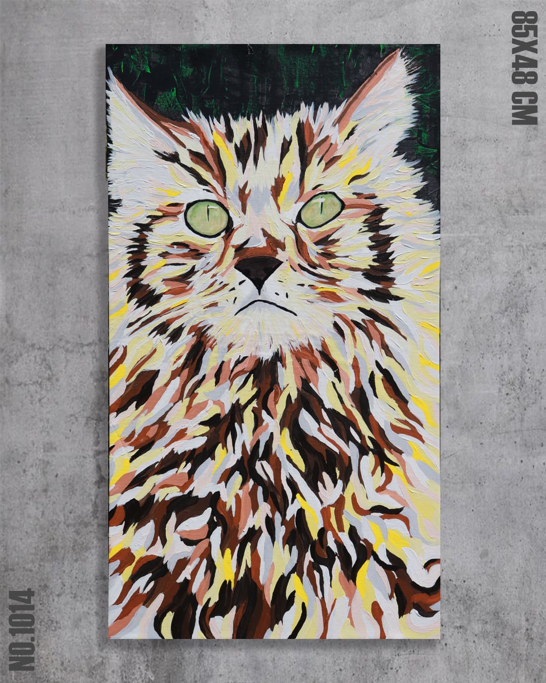 Feline, original acrylic cat painting by Diego Palencia in yellow, brown, white and copper flames with quiet green eyes.