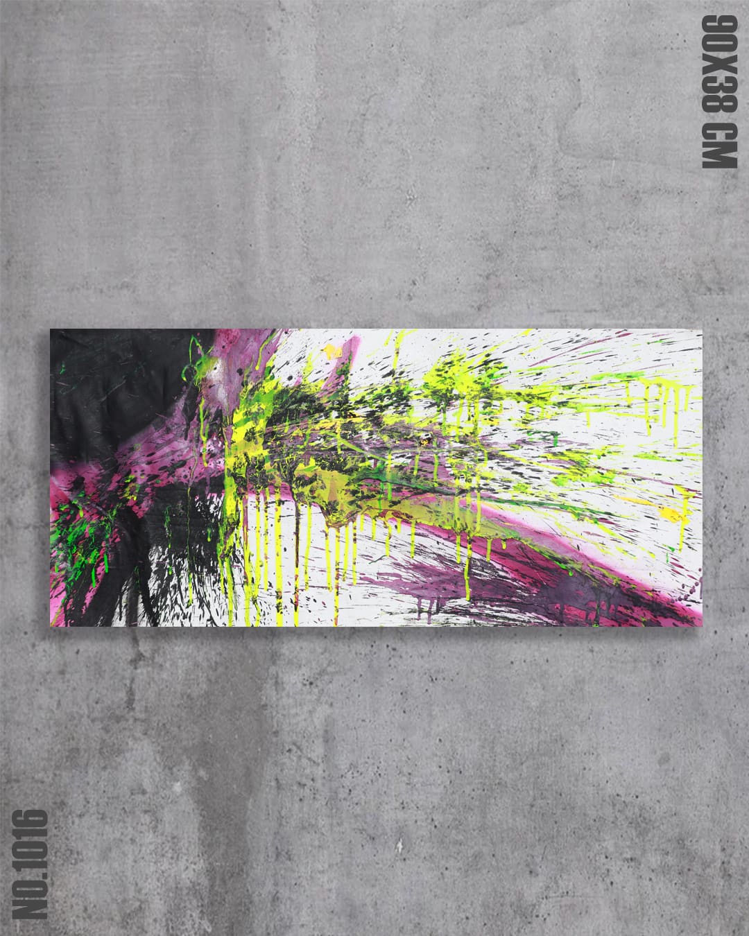 Static Bloom, original mixed media abstract by Diego Palencia, a panoramic sweep of magenta, electric yellow and dripping black.