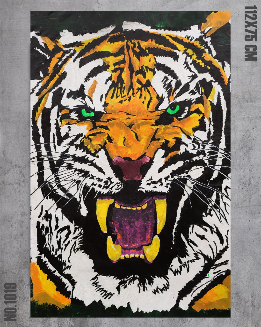 Tiger Spirit, original acrylic tiger painting by Diego Palencia with raw power and green eyes burning through gold and black.